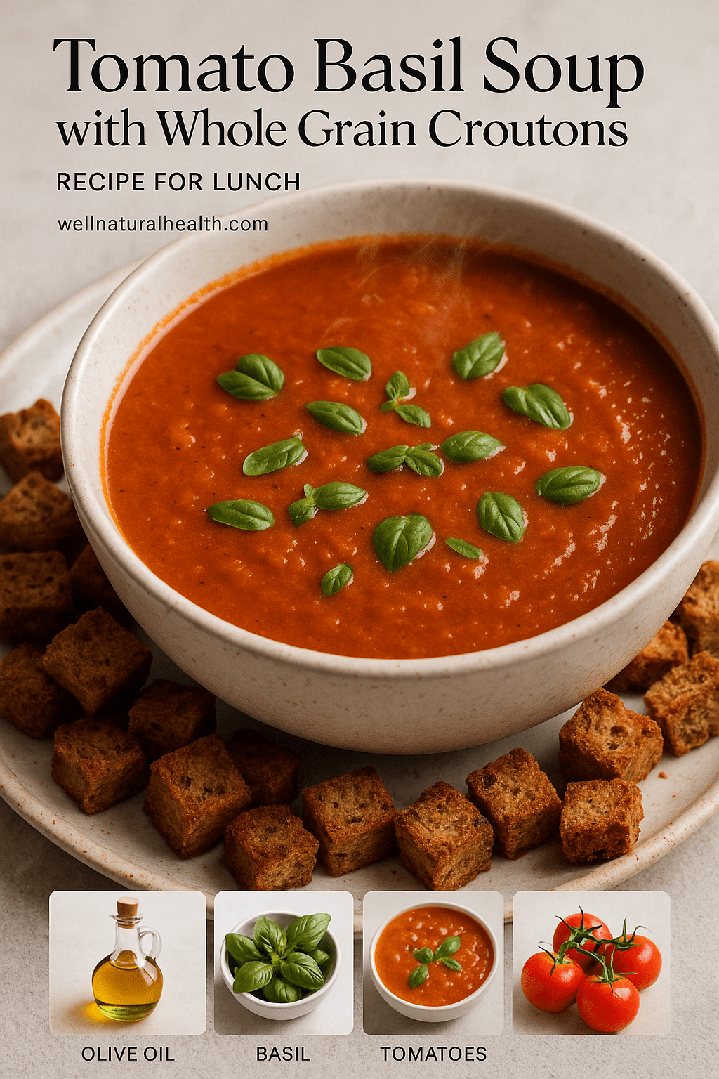 Tomato Basil Soup with Whole Grain Croutons Recipe for Lunch